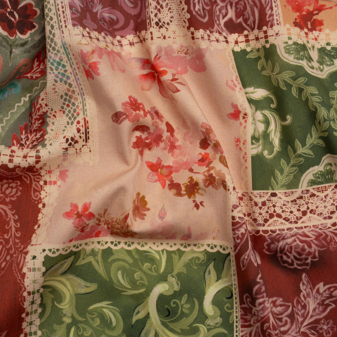 1 Yard Red Scrapbook Patchwork Stretch Cotton Poplin Fabric Red Green Floral Patchwork Design 59 inch Width